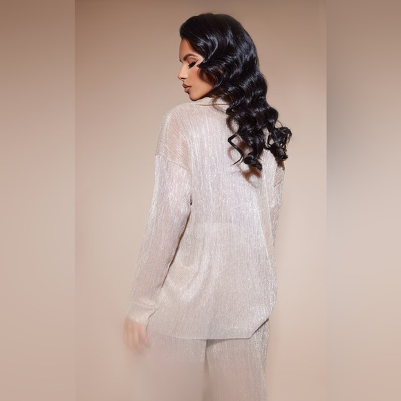 NUDE SHEER FOIL PLISSE WIDE LEG PANTS + NUDE SHEER FOIL PLISSE OVERSIZED SHIRT - Picture 6 of 6